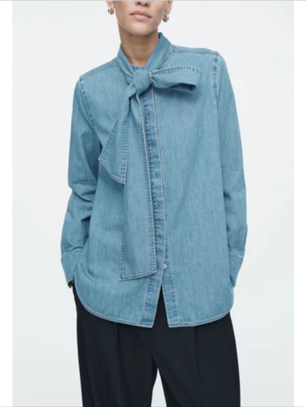 COS Women's Blue Cotton Denim Tie-Neck Button Front Long Sleeve Blouse size 8